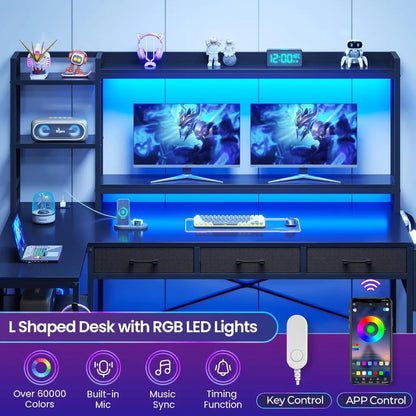 55" L Shaped Gaming Desk, Gaming Desk with Hutch & Drawers, Corner Computer Desk with Shelves and Storage, Customized