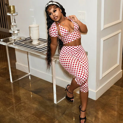 FAGADOER Sexy Woman 3 Piece Set Outfit Polka Dot Print Patchwork Short Sleeve Crop Top and Pants Matching Female Streetwear New