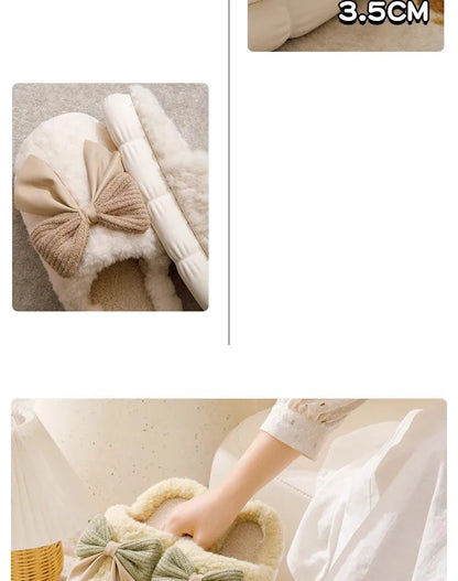 Thick Soled Non Slip Home Plush Slippers 2025 New Cotton Slippers for Women Bow Slippers for Autumn and Winter Warm for Women