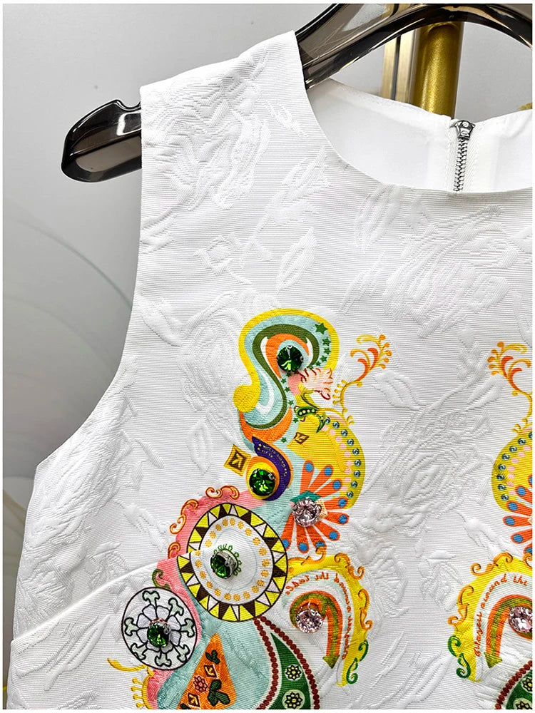 2026 Women Printed Beaded Dress Sleeveless Colorblock a Line Dress Elegant Summer Ladies Fashion Tank Dress Party Casual Dress