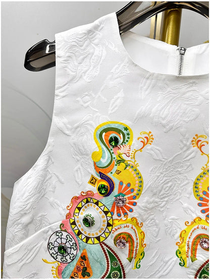 2026 Women Printed Beaded Dress Sleeveless Colorblock a Line Dress Elegant Summer Ladies Fashion Tank Dress Party Casual Dress