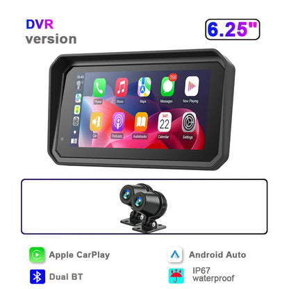 JMCQ Portable 6.25 inch Motorcycle GPS Navigation IPX7 Waterproof Wireless CarPlay Android Auto Drive Recorder Support 4K DVR