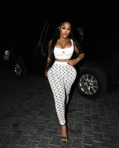 STYLISH LADY Moon Printed Sports 2 Piece Set Women Sleeveless Crop Top and Skinny Pant Suits 2025 Summer Street Fitness Outfits