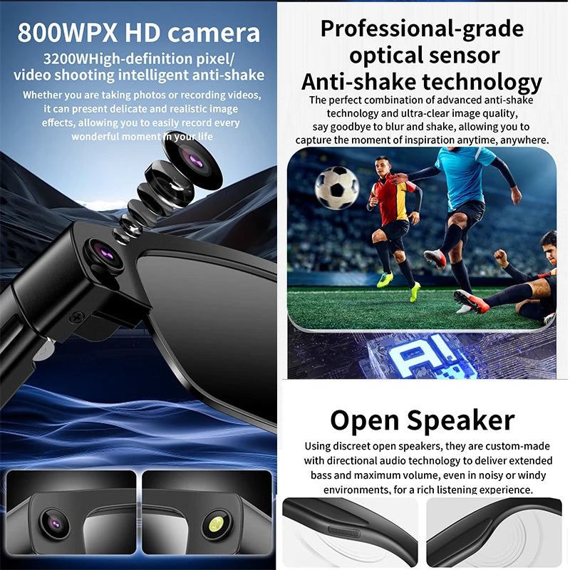 2026 Smart Glasses 800W HD Camera Anti Shake Video Recording Music AI Object Recognition WIFI Transmission BT Call Smart Glasses