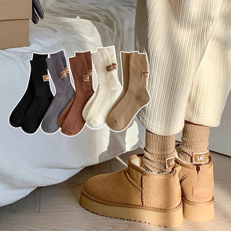 2 Pairs Cashmere Socks Winter Women Warm Wool Thickened Mid-Tube Trendy Heel Furry Label Letter Solid Color Snow Boot Socks New