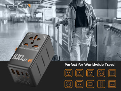 TESSAN 100W GaN Universal Travel Adapter with USB &Type C Fast Charging International Plug Adapter EU/UK/USA/AUS Plug for Travel