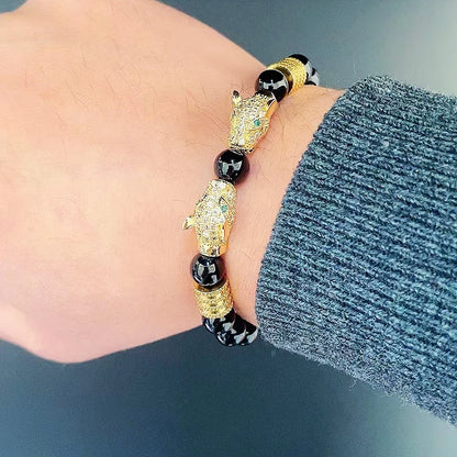 Luxury Black Stone Beads Man Bracelet Leopard Head Charms Women Bracelets Couple Jewelry Valentine's Day