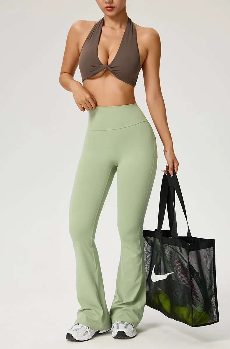 Women's Flared Pants Yoga Leggings Bell-bottoms Tight Elastic Breathable Sports Pants Back Waist Pockets Womens Clothing