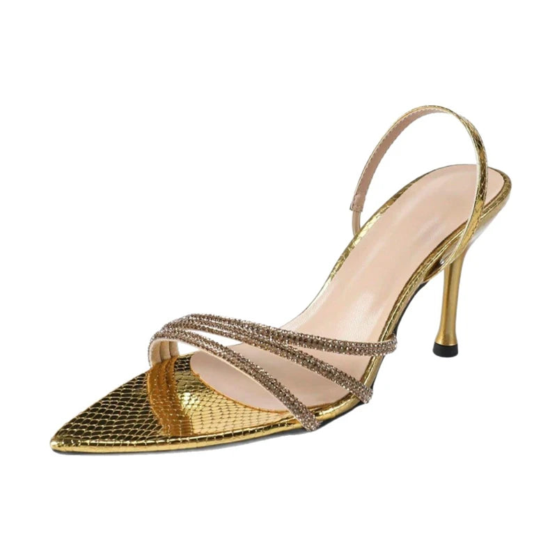 Sexy Crystal Slingback Women Golden Back Strap Sandals Narrow Band Pointed Toe High Heels Pumps Party Summer Outdoor Dress Shoes