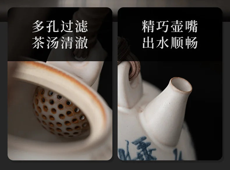 Retro Soda Glaze Ceramic Teapot Hand-painted Landscape Lifting Beam Pot Boiling Water Side Handle Kettle For Electric Stove