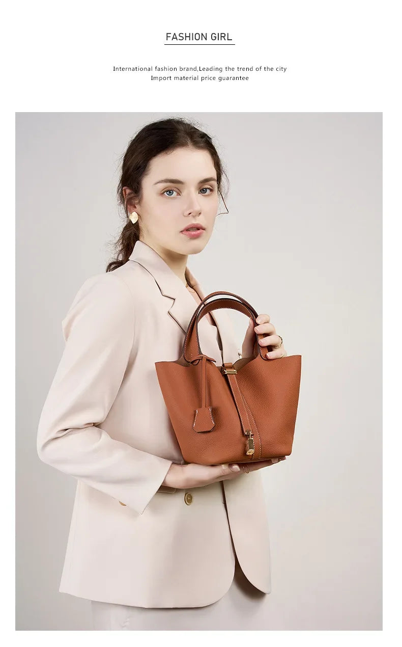 Genuine Leather Shoulder Bucket Bag Women Litchi Pattern Mini Basket Tote Soft Handbag Mommy Bride Wedding Bags with Lock