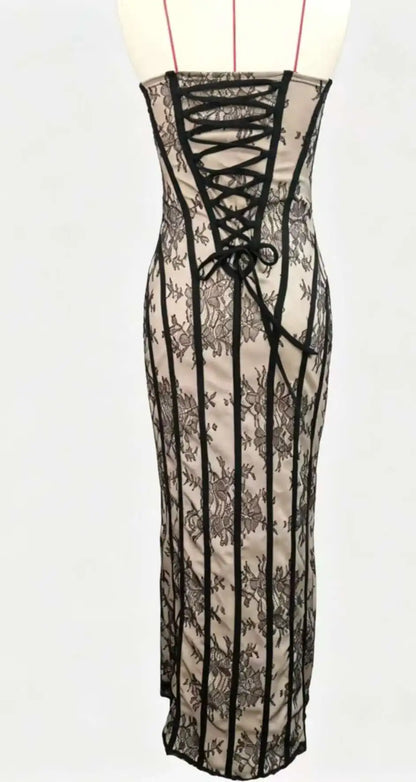 Elegant Women's Strapless Lace Long Dress Sexy Corset Maxi Dresses Summer Evening Party Cocktail Prom Wedding Guest Red Black
