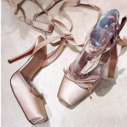 2026 Women Summer High Heeled Shoes for Woman's Square Toe Thin Heels Butterfly-Knot Pumps Sexy Ladies Ankle Strap Wedding Shoes