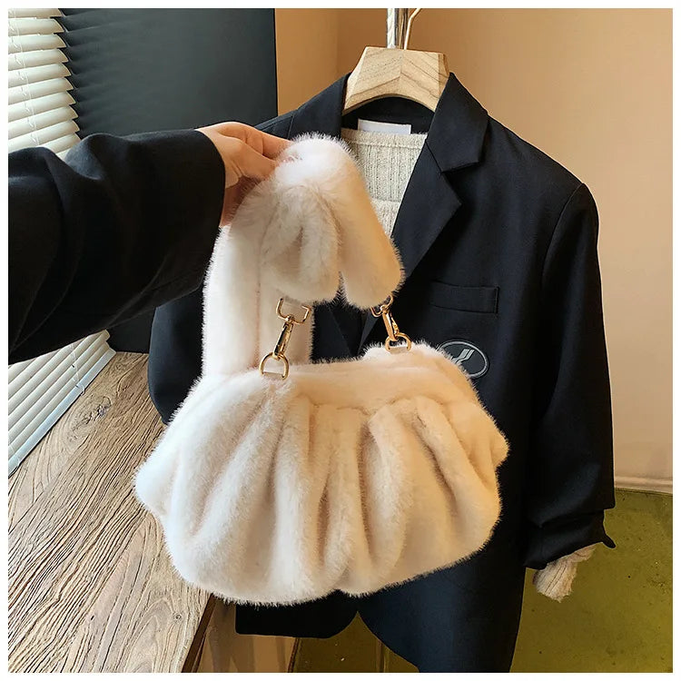 Cute and Versatile Winter Crossbody Bags Mink Fur Wrinkle Relaxed Texture Cloud Shell Bag Women Fashion Tote Shoulder Bag
