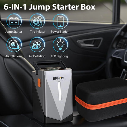 12000mAh 6-in-1 Auto Jump Starter Air Compressor Air Blower - Intelligent Clamps for Car Tire Inflation & Emergency Start