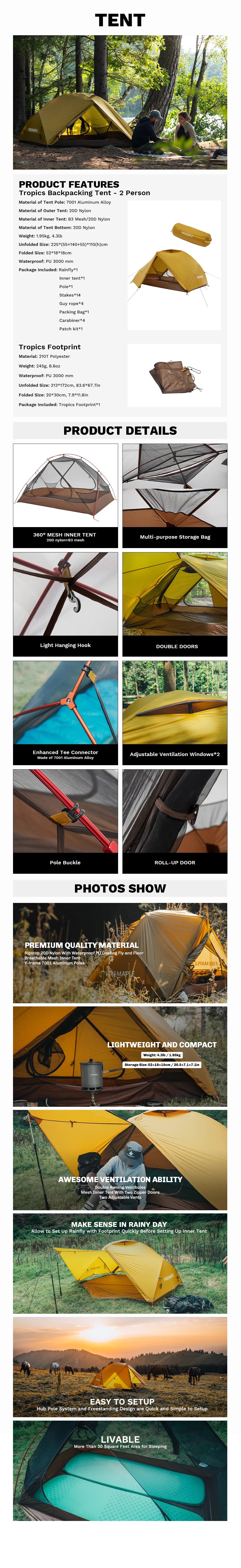 Fire-Maple Tropics Ultralight Backpacking Tent 2 Person 20D Waterproof Easy Setup Hiking Mountaineering Cycling Trekking 1.95KG