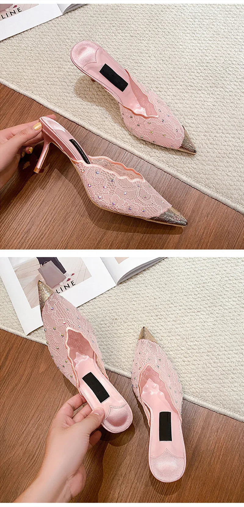 Luxury Rhinestones Mesh Lace Women Pumps Sandals Summer Elegant Pointed Toe 8cm Thin High Heels Mulse Sides  Fashion Party Shoes