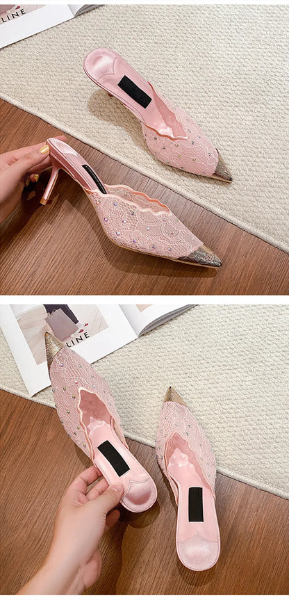 Luxury Rhinestones Mesh Lace Women Pumps Sandals Summer Elegant Pointed Toe 8cm Thin High Heels Mulse Sides  Fashion Party Shoes