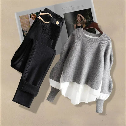 2026 Spring Autumn New Vintage Jeans Matching Set Women's Korean Elegant Fake Two Piece Knit Sweater+High Waist Denim Pants Suit