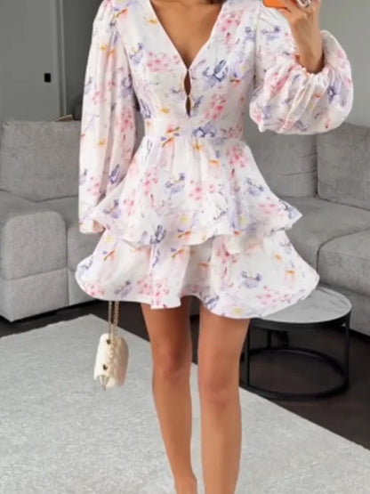 Sexy Deep V-neck Floral Printed  Long Sleeve Women Dress Fashion Waist-cinched Pleated Button-front Vestidos 2026 Daily Outfits