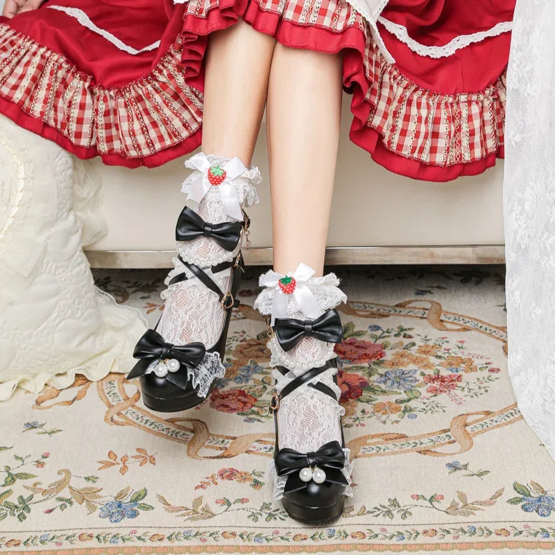 Cross Strap Women High Heels Mary Jane Pumps Party Wedding Cosplay White Pink Black Strawberry Bow Princess Cosplay Lolita Shoes