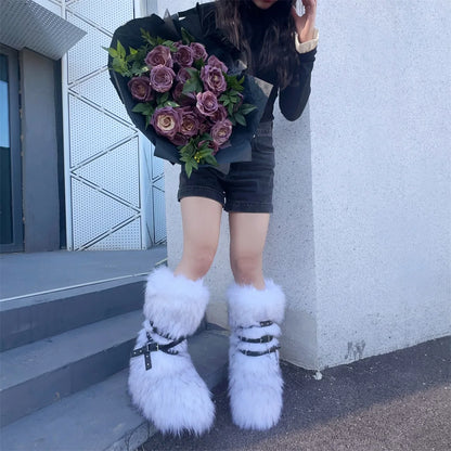 Faux Fur Knee-High Boot Round Toe Height Increasing Wild Winter Warmer Belt Buckle Slip-On Fashion Luxury Sexy Women Shoe Newest