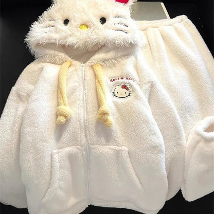 Cute Hello Kittys Hooded Pajamas for Women Winter Coral Fleece Thickened Warm Girls Sleepwear Students Casual Home Clothes Set