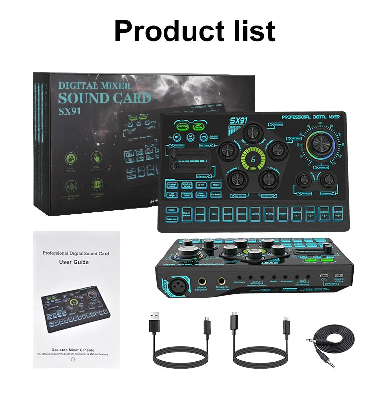 SX91 48V Audio Mixer with Voice changer,Podcast Mixer,Sound Card for Phone Gaming Karaoke Studio Live Streaming Podcast