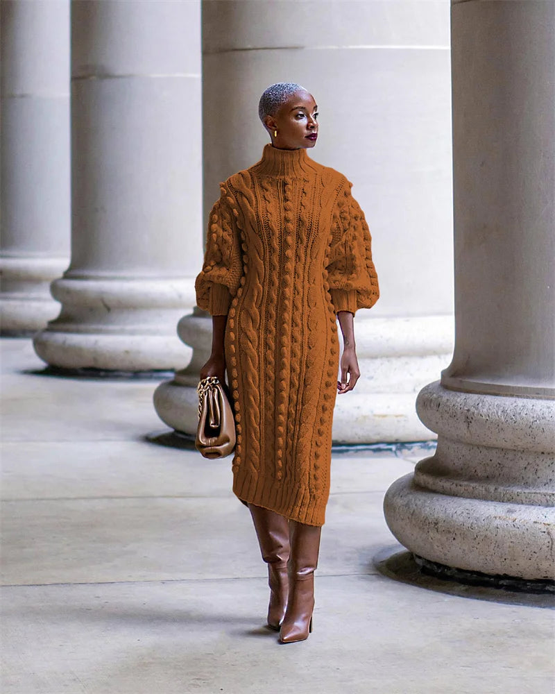 Streetwear Turtleneck Sweater Dress Women Autumn Winter Long Sleeve Elegant Ribbed Knitted Stretchy Warm Party Club Midi Dresses