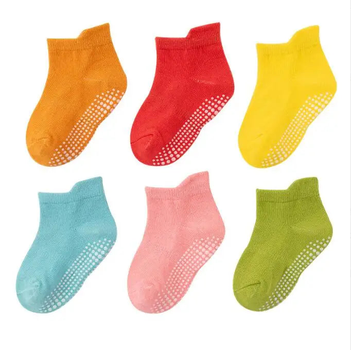 6 Pairs/lot 0 to 6 Yrs Cotton Children's Anti-slip Boat Socks For Boys Girl Low Cut Floor Kid Sock With Rubber Grips Four Season