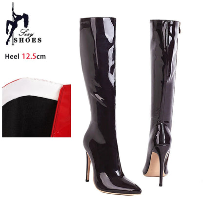 Winter Short Plush Long Boots For Ladies Black Pointed Toe Knee-High Boots Large Size Shoes Fashion Women Career High Heels 46