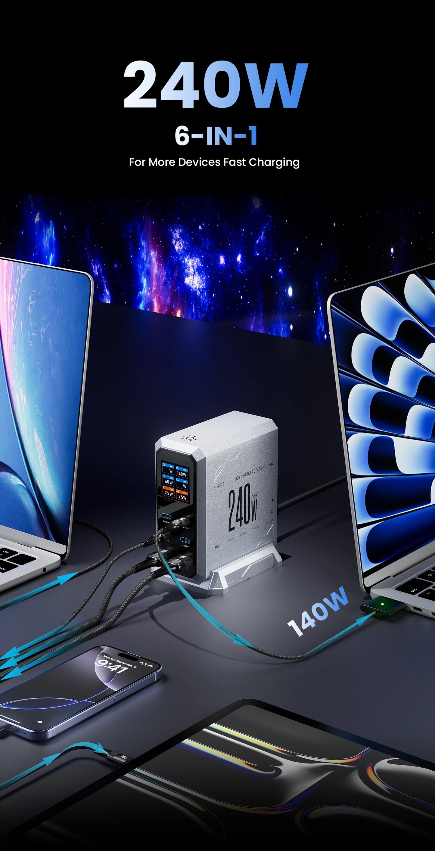 240W GaN Charger 6-IN-1 140W PD3.1 PPS USB Type C Digital Display Fast Charging Station for iPhone 16 15 MacBook Laptops Samsung