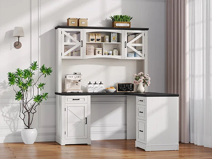 72" L-Shaped Executive Desk with Hutch, Farmhouse Home Office Desk, Wood L Shaped Computer Desks, Withe Computer Workstations