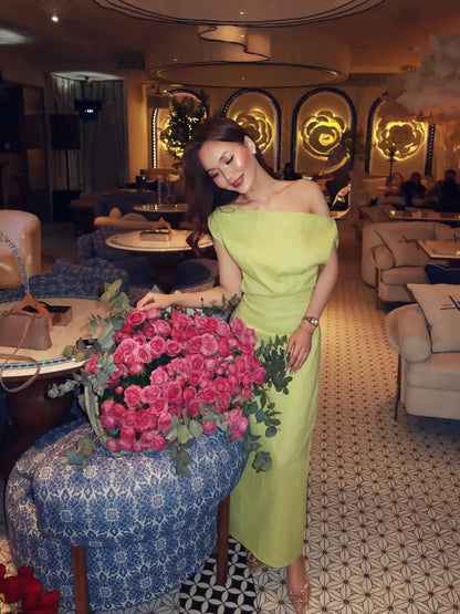 Women Off-shoulder Linen Maxi Dresses Elegant Waist-cinching Side Split Ankle-length Dresses 2026 Summer New Lady Casual Robes