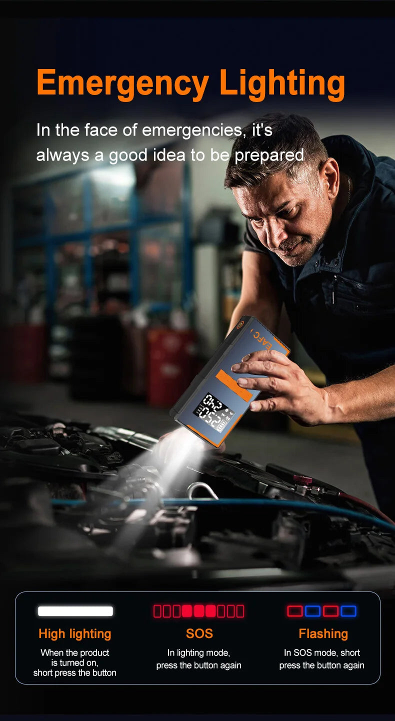 2025 Newest All-in-One Car Emergency Jump Starter & Air Pump 1200A Peak 150PSI Tire Inflator with LED Light & Power Bank