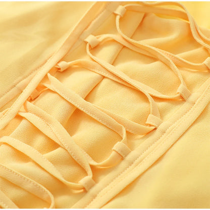 Elegant Yellow Strapless Pleated Dress Women Chic Sleeveless Waist Cinching Split Maxi Gowns 2026 Summer Lady Evening Party Robe