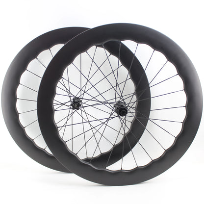 New 700C 65mm wave Road Bike UD Full Carbon Fibre Bicycle Thru Axle Center lock Disc brake Wheelset clincher tubeless rims 25mm
