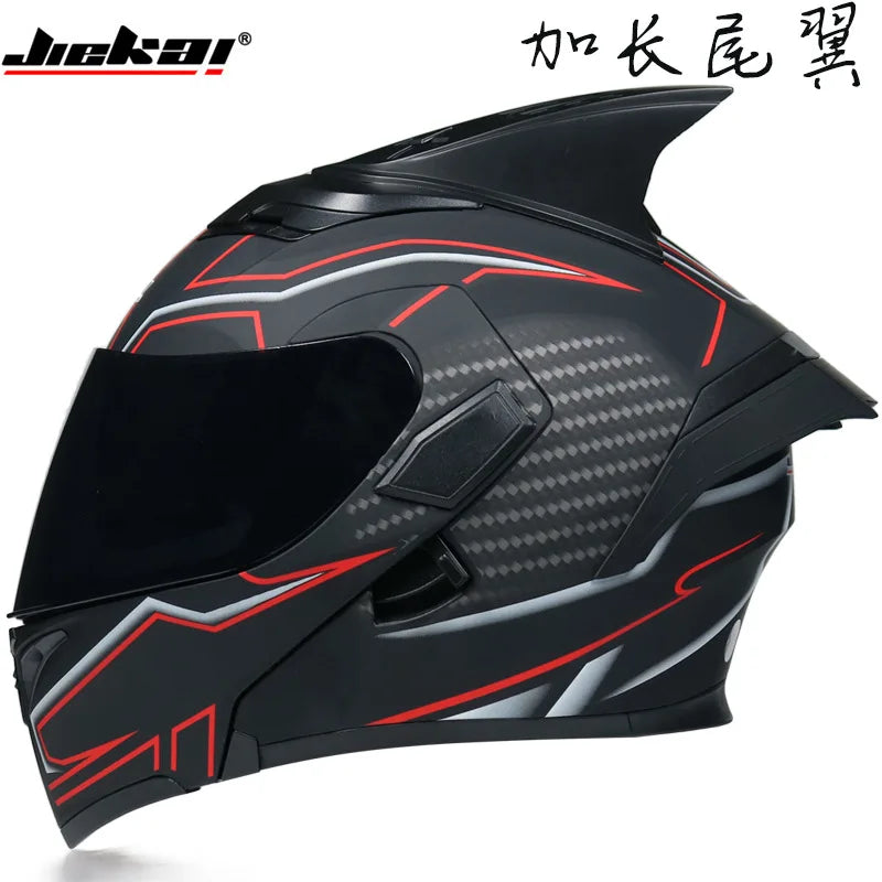 JIEKAI Motorcycle Flip Up Helmet Personality Horn Tail Motorbike Motocross Shark Moto Helmet Technology Design Full Face Casco