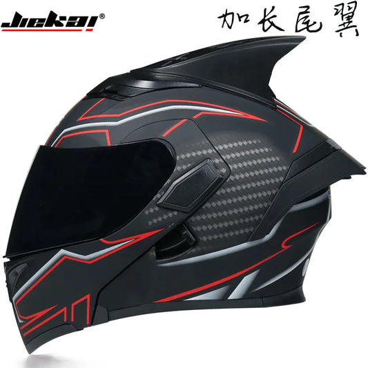 JIEKAI Motorcycle Flip Up Helmet Personality Horn Tail Motorbike Motocross Shark Moto Helmet Technology Design Full Face Casco