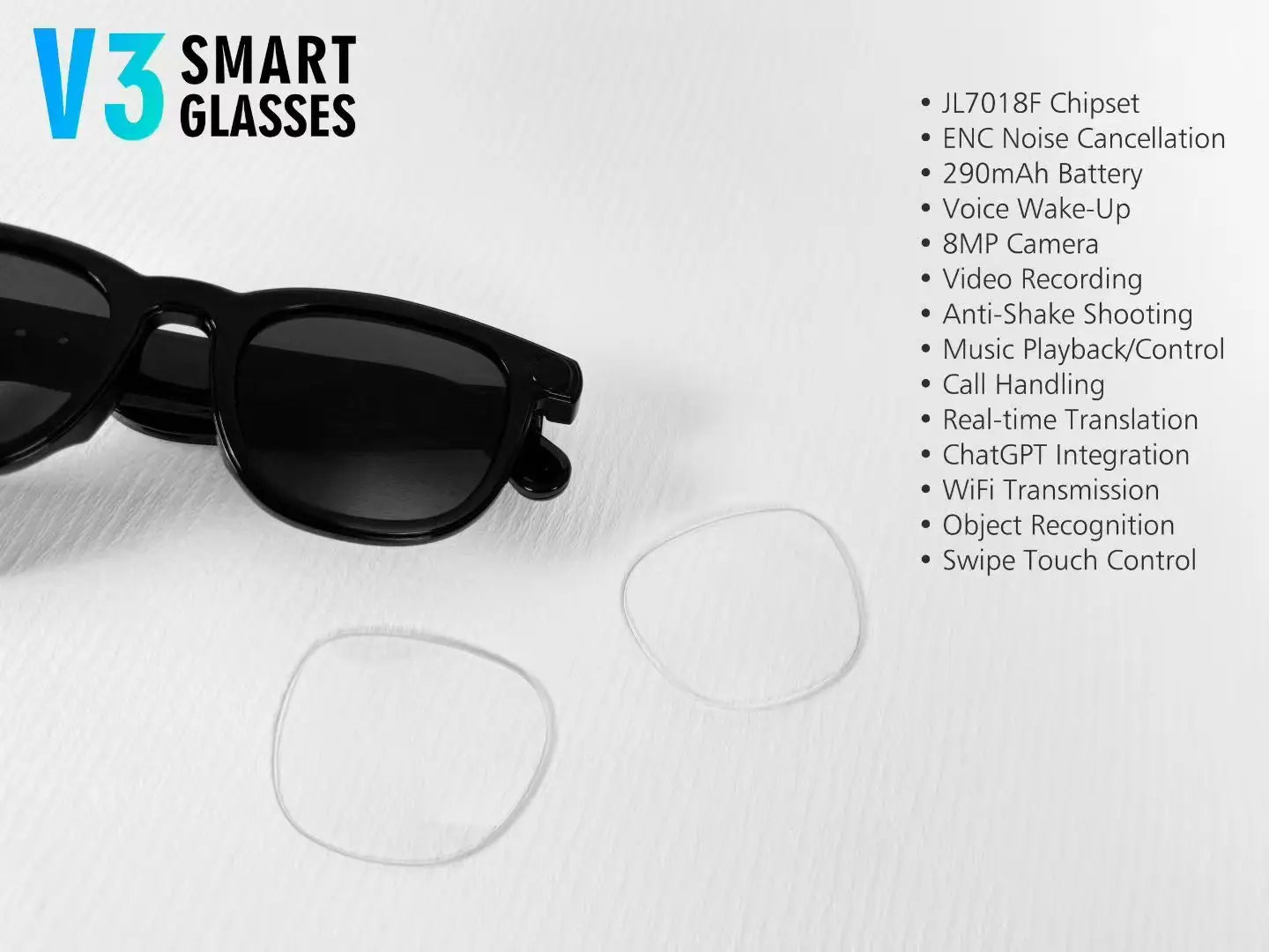 V3 AI Smart Glasses with ChatGPT, 8MP Camera Video Recording, Bluetooth Calls, Voice Wake, Music Playback Sunglasses