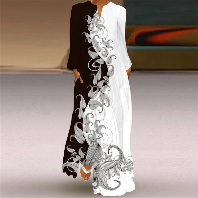 2024 European and American Cross border Women's New Dress V-neck Long sleeved Sexy Printed Large Pocket Foreign Trade Dress