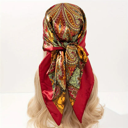Handkerchiefs Hair Silk Scarf 90*90cm Print Satin Big Square Silk Scarves Shawls for Women Luxury Brand Designer Hijab Headband