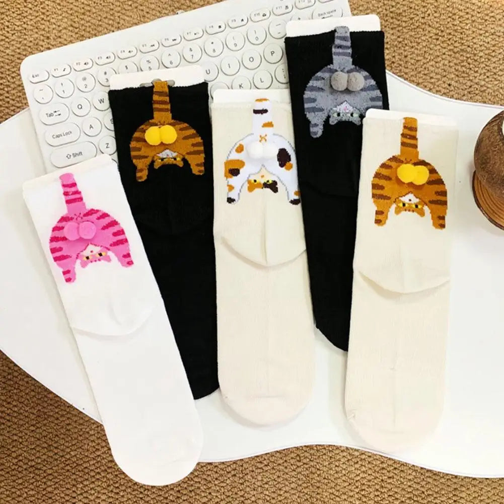 Cartoon Cat Egg Socks Soft Breathable Cute Mid Tube Cotton Socks 3D Cat Egg Balls Unique Design Trendy Funny
