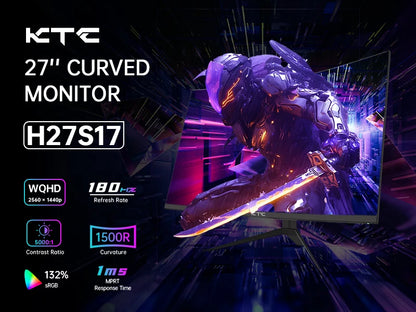 KTC 27 inch WQHD 180Hz 1ms Curved Gaming Monitor 1440P 144Hz Monitor 132% sRGB HVA FreeSync DisplayPort/HDMI/USB VESA Computer M