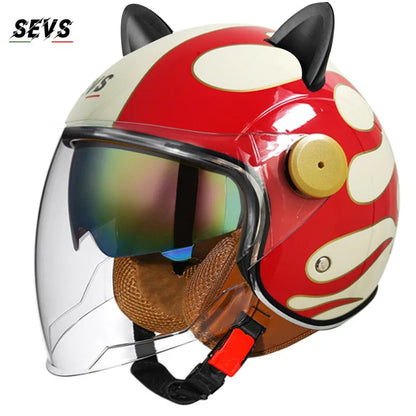 Motorcycle Helmet Retro 3C & DOT Certified Half Face ABS Helmet Dual Visor Hidden Sun Shield Removable Cute Cat Ears