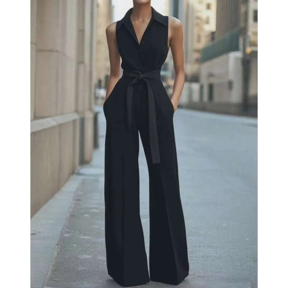Sleeveless Lapel Jumpsuit Women's Fashion Button Down Shirt Collar Solid Color Wide Leg Commuting Office With Pocket Jumpsuit
