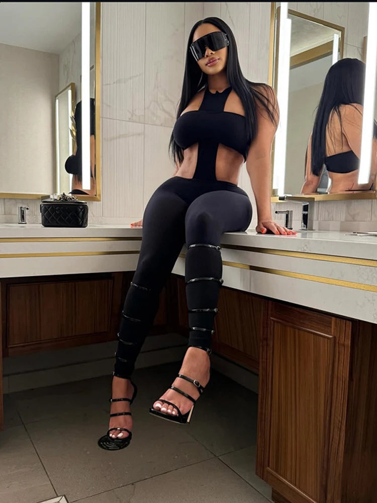 Y2k Sexy Two Piece Sets Woman Club Wear Halter Cross Crop Top and Skinny Pants Suits 2025 Female Jumpsuit Baddie Outfits