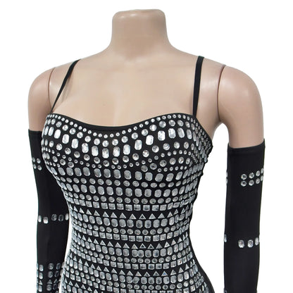 GLCMYAYA Women Diamonds Hot Rhinestones Crystal Spaghetti Strap Birthday Bodycon Midi Dress Sexy Party Even Dresses Vestidos