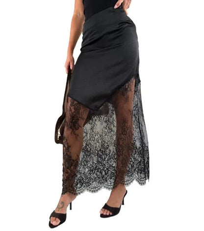 Lady Elegant Patchwork Lace Skirts Fashion High Waist Slim Hollow Out Maxi Skirts 2026 Autumn Women Brown Party Club Skirt