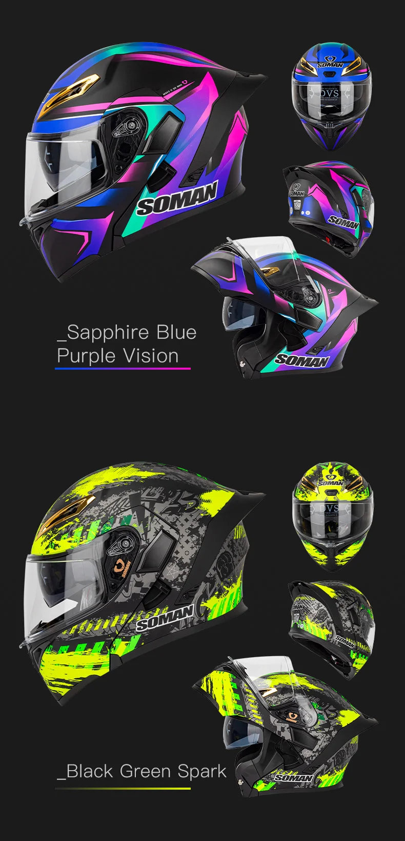 SOMAN Full Face Helmet Dual Lens Flip Up Motorcycle Helmets Casco Accessories Men Women Casque Moto Racing DOT Approved Visor